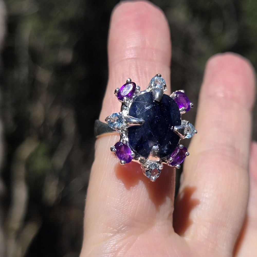 Deep blue sapphire 10k amethyst & Topaz sterling ring sz7 - Picture 8 of 11